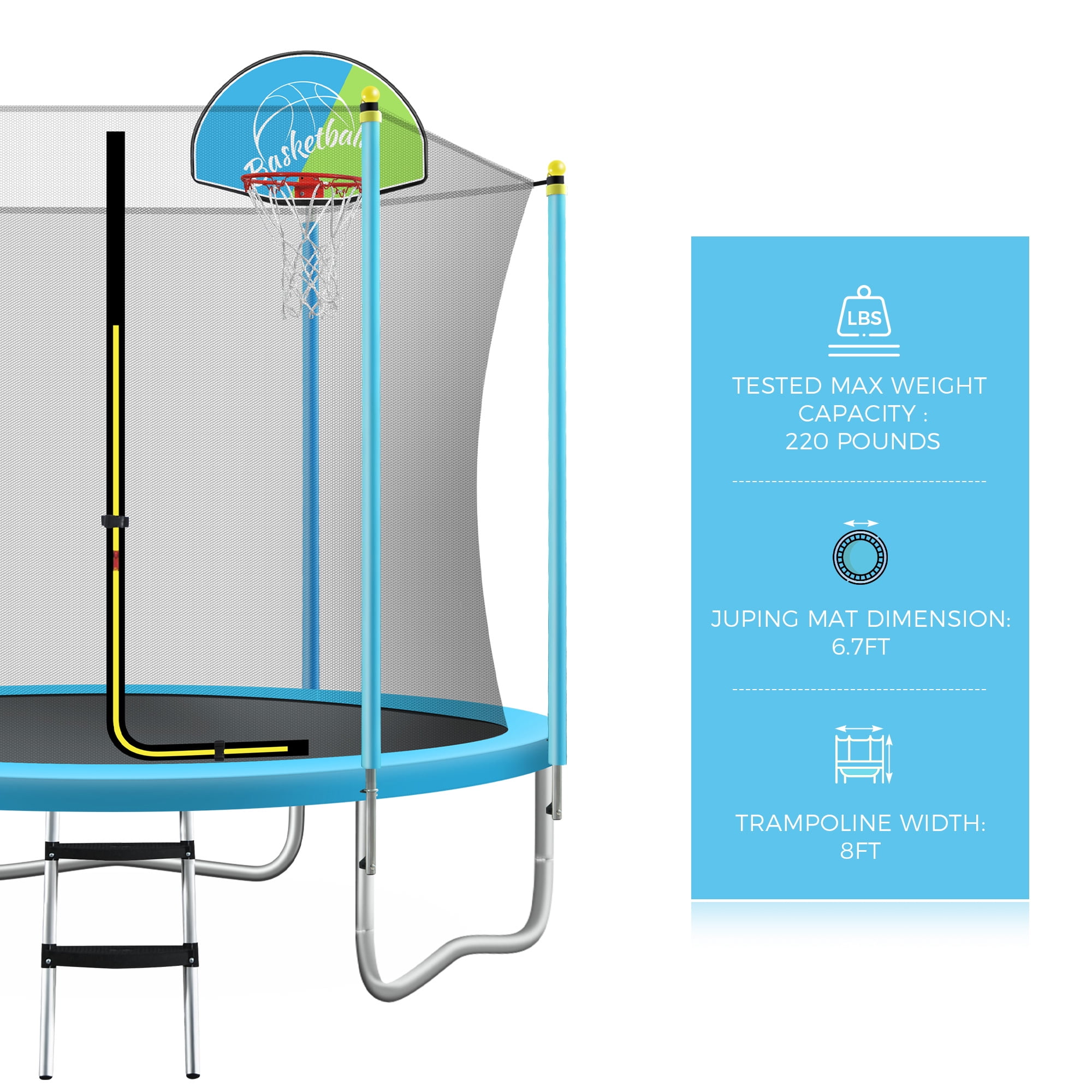 Soges 8FT Toddlers Seamless Trampoline With 360° Safty Enclosure Net, Basketball Hoop and Ladder, Indoor/Outdoor Kids Trampoline, Easy Assembly Backyard Fittness Recreational Round Trampoline, Blue