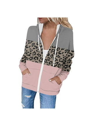 Womens Full Zip Up Hoodie Leopard Print Activewear Drawstring Coat Fall  Casual Jacket Sweatshirt with Pocket