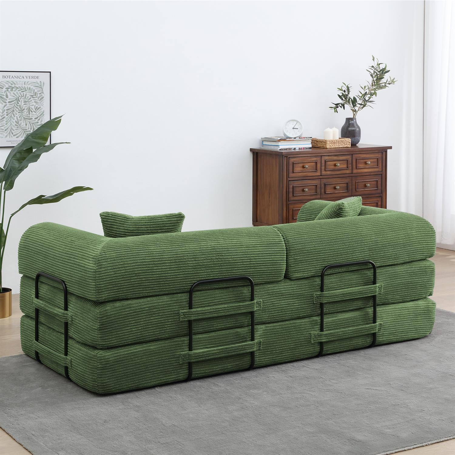 Demi Bonn 77" Convertible Sleeper Sofa Bed, Corduroy Foldable Mattress Couch with Cylindrical Pillow & Fixed Frame for Living Room, Bedroom, Green