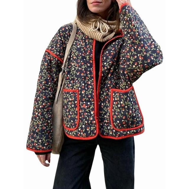 Chaqueta Acolchada Corta con Estampado Floral Vintage para Mujer, Chaqueta Corta Abierta Al Frente, Ropa de Abrigo Floral Pequeño Negro L