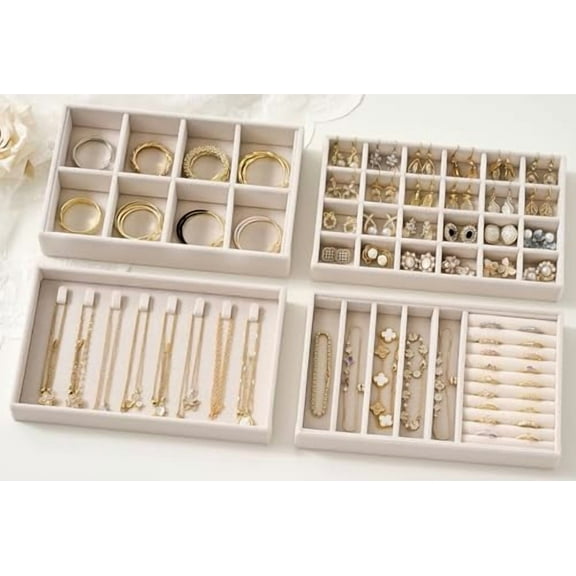 Velvet Jewelry Drawer Organizer Trays – Beige Stackable Jewelry Storage Inserts Set, 4-Layer Jewelry Tray Set for Earrings, Rings, Necklaces, Bracelets with Removable Dividers for Dresser & Vanity