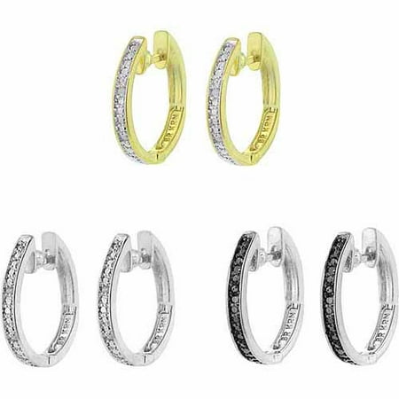 Round White and Black Diamond Accent Rhodium-Plated Hoop Earrings, 3-Piece Set