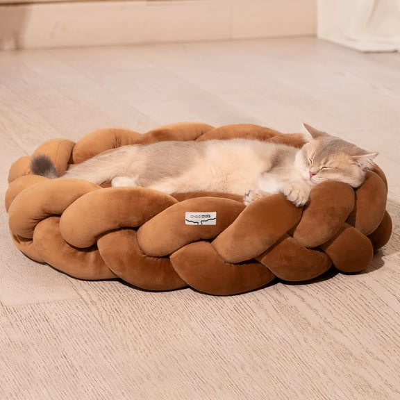 CheerPals Twisted Pet Bed, Weave Cat Bed Sofa with Cushion for Indoor Cats Puppy(Caramel)