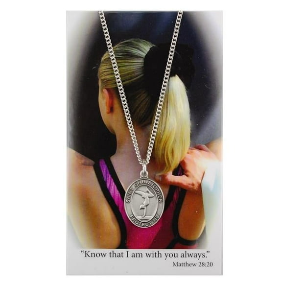 McVan PSD676GY 18 in. Silver-Tone Chain Gymnastics Prayer Pewter Medal with Laminated Holy Card Set