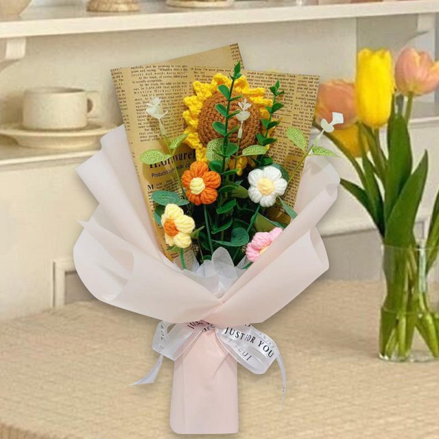 Ramo de ganchillo tejido a mano, flores artificiales, arreglo Floral de flores de ganchillo, regalo de cumpleaños, decoración duradera para el hogar Rosa