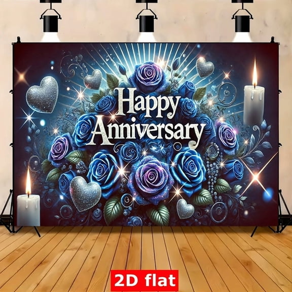 Blue Floral Anniversary Backdrop Sparkling Roses Hearts Happy Anniversary Photography Background Elegant Cheers to Marriage Wedding Party Decorations Banner Supplies Photo Booth Props
