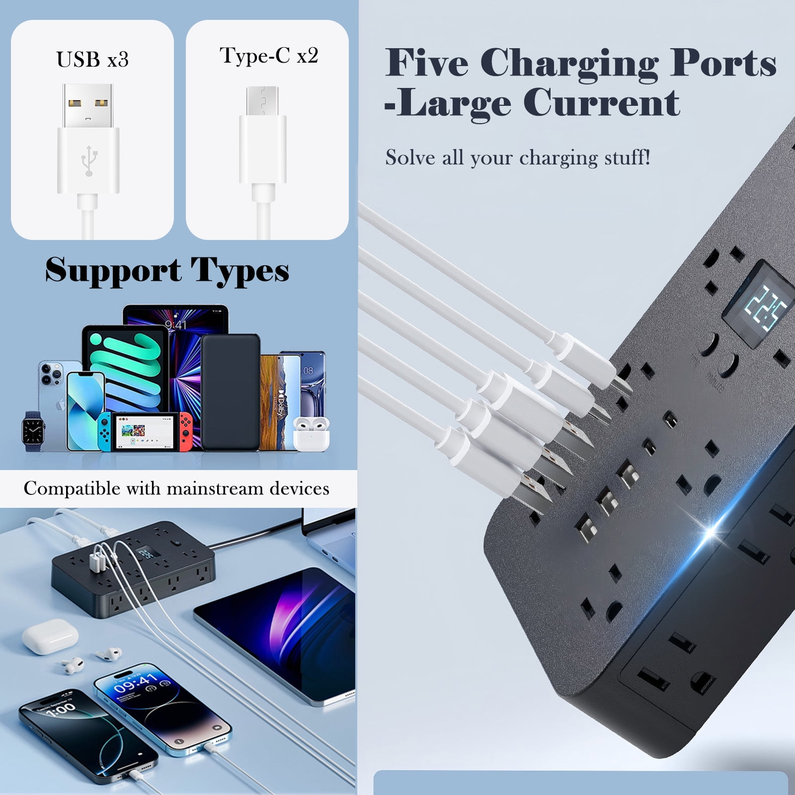 RONY 16-Outlet 5 USB Port Surge Protector Power Strip, 3-Sided Plug Outlet Extender with 10ft Long Extension Cord, Black