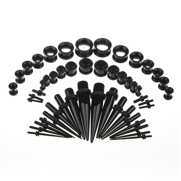 50pcs Kit de camilla de oreja (Negro 1) Túneles de silicona Conos de acrílico y tapones Juego de medidores de expansor de ojales para mujeres Hombres Joyería de perforación corporal