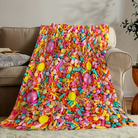 Soft & Cozy Rainbow Fruit Candy Print Throw Blanket - Versatile, Warm for All Seasons, Perfect for Sofa, Office, Bed, Camping & Travel