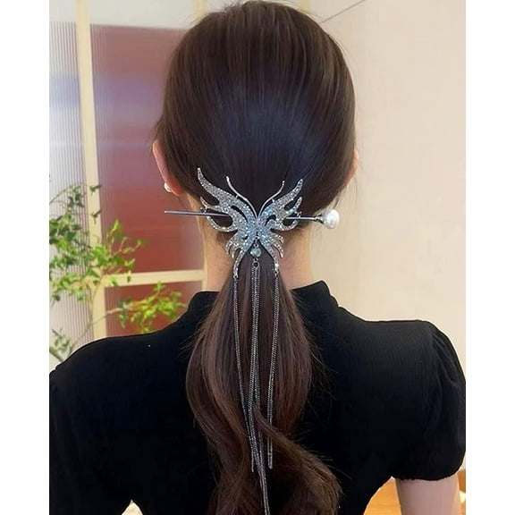 Metal Butterfly Hair Stick Pearl Hair Chopsticks Hair Clip Chignon Pin Hair Decor Hairpin Chinese Hair Accessories for Women Black