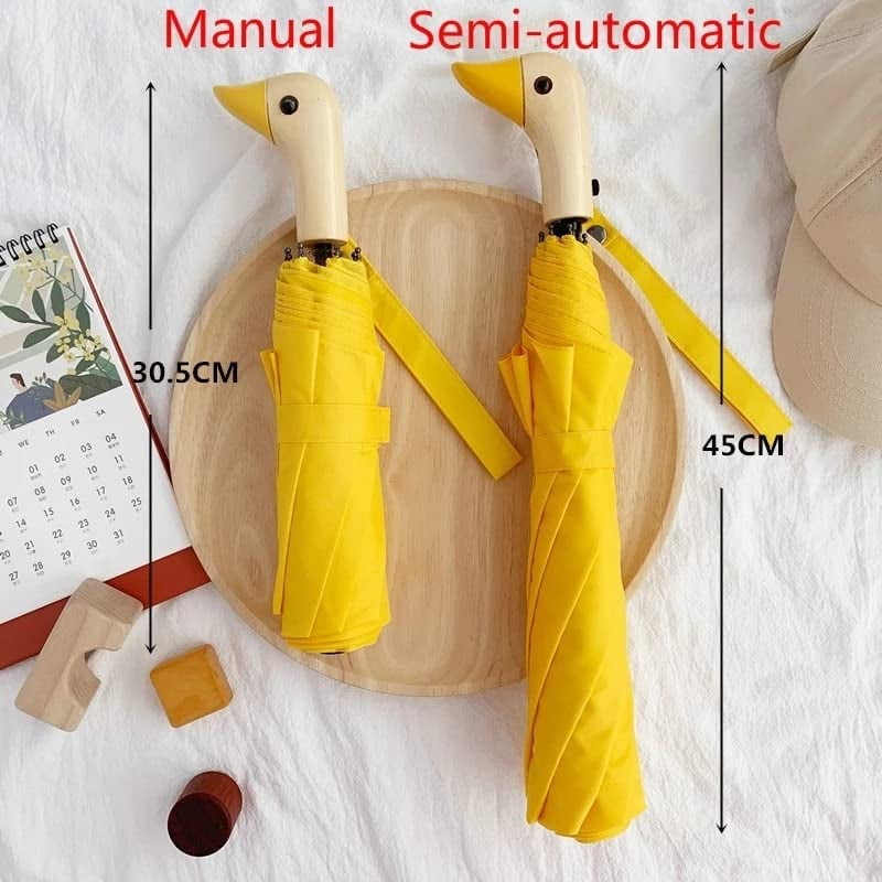 Cute Duck Head Wooden Handle Folding Umbrella for Sun and Rain Protection