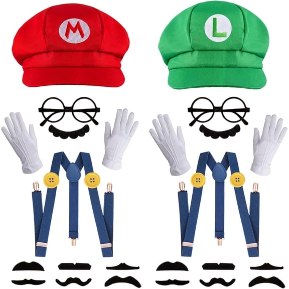 Green Red Video Game Costume Kit with Hat Mustaches Suspenders for Halloween Cosplay Christmas