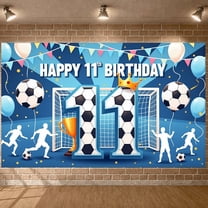 Soccer Theme Happy 11th Birthday Banner Blue Background Football Party Backdrop Golden Crown Trophy Design Soccer Birthday Display for Kids Birthday Party Football Themed Party Photo Shoot Backdrop