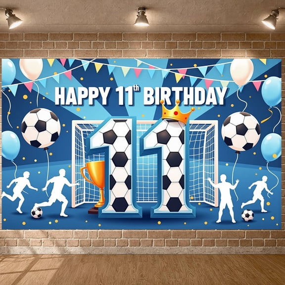 Soccer Theme Happy 11th Birthday Banner Blue Background Football Party Backdrop Golden Crown Trophy Design Soccer Birthday Display for Kids Birthday Party Football Themed Party Photo Shoot Backdrop