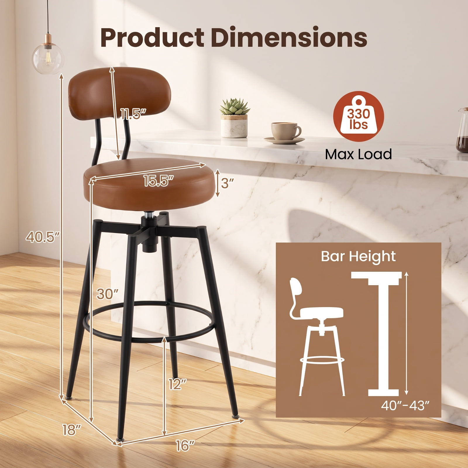 Furnibear Set of 2 Swivel Barstools Faux Leather with Upholstered Seat and Back for Kitchen Island Counter Bar Pub Dining Home, Brown