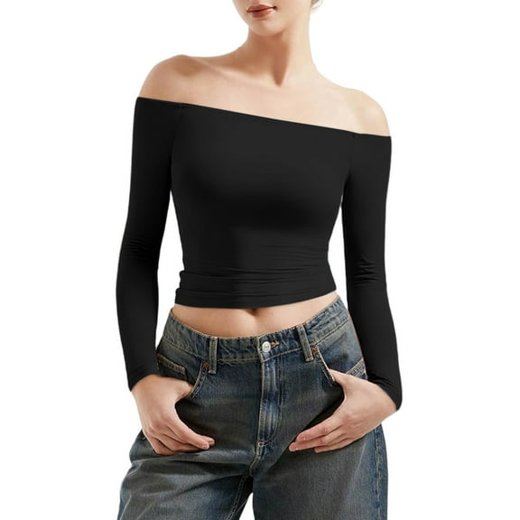 Seductiva Spring Tops Women's Long Sleeve Shirts Workout Long Sleeve off Shoulder Top Women's Y2K Crop Top Basic Long Sleeve Sports T Shirt off Shoulder Gym Top Women Breathable & Easy Care Fabric