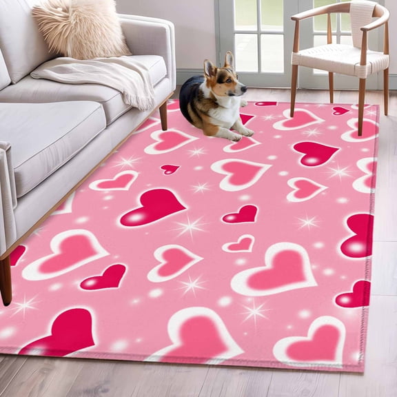3'x5' Area Rugs, Red Pink Valentines Indoor Outdoor Area Rug for Living Room Bedroom, Love Heart Pink Washable Bathroom Rugs Kitchen Floor Carpet Mats Home Decor Aesthetic