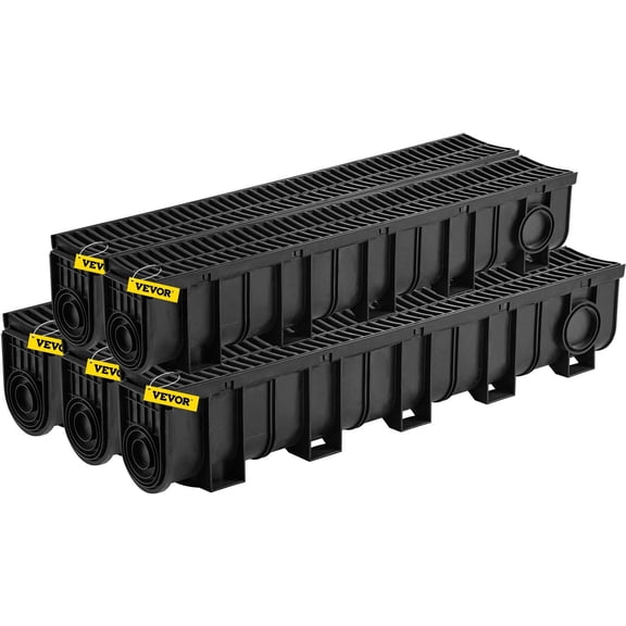 5-Pack Trench Drain System, 5.9" x 7.5" HDPE Channel Drain with Heavy-Duty Plastic Grate, 5x39-Inch Black Garage Floor Drain Kit Includes End Caps, for Driveway, Garden, Yard, Patio