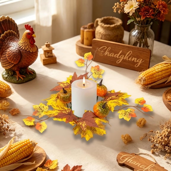 Njoeus Candle Ring Wreath, Table Centerpiece, Christmas Table Decor with Pumpkin Maple Leaf Brings Rustic Harvest Charm and Festive Holiday Table Ambiance in Style C