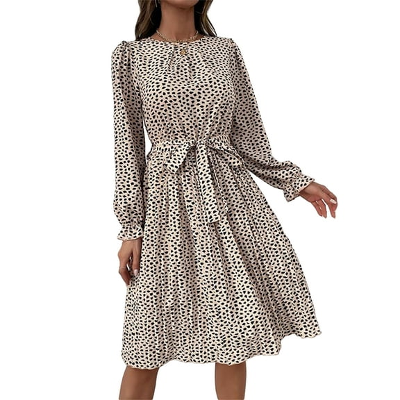 Animal Print Long Sleeve Pleated Dress for Women Above Knee Length Beige Small