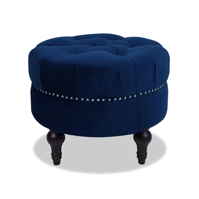 Dawn Tufted Round Ottoman Nailhead Accents Navy Blue