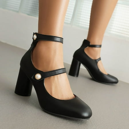 XDDST Womens Flats Comfortable Dressy High Heel New Large Size Of A Word with High Heels Leather Round Head Thick with Single Shoes Wedding Shoes Female Black
