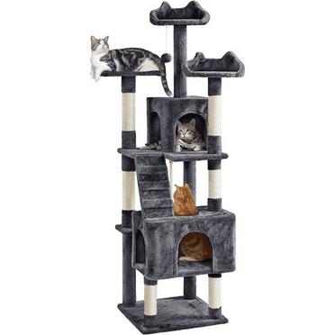 72" Dark Gray XL Cat Tree, Multi-Level Tower, 2 Caves/3 Perches, Scratching Posts/Ball