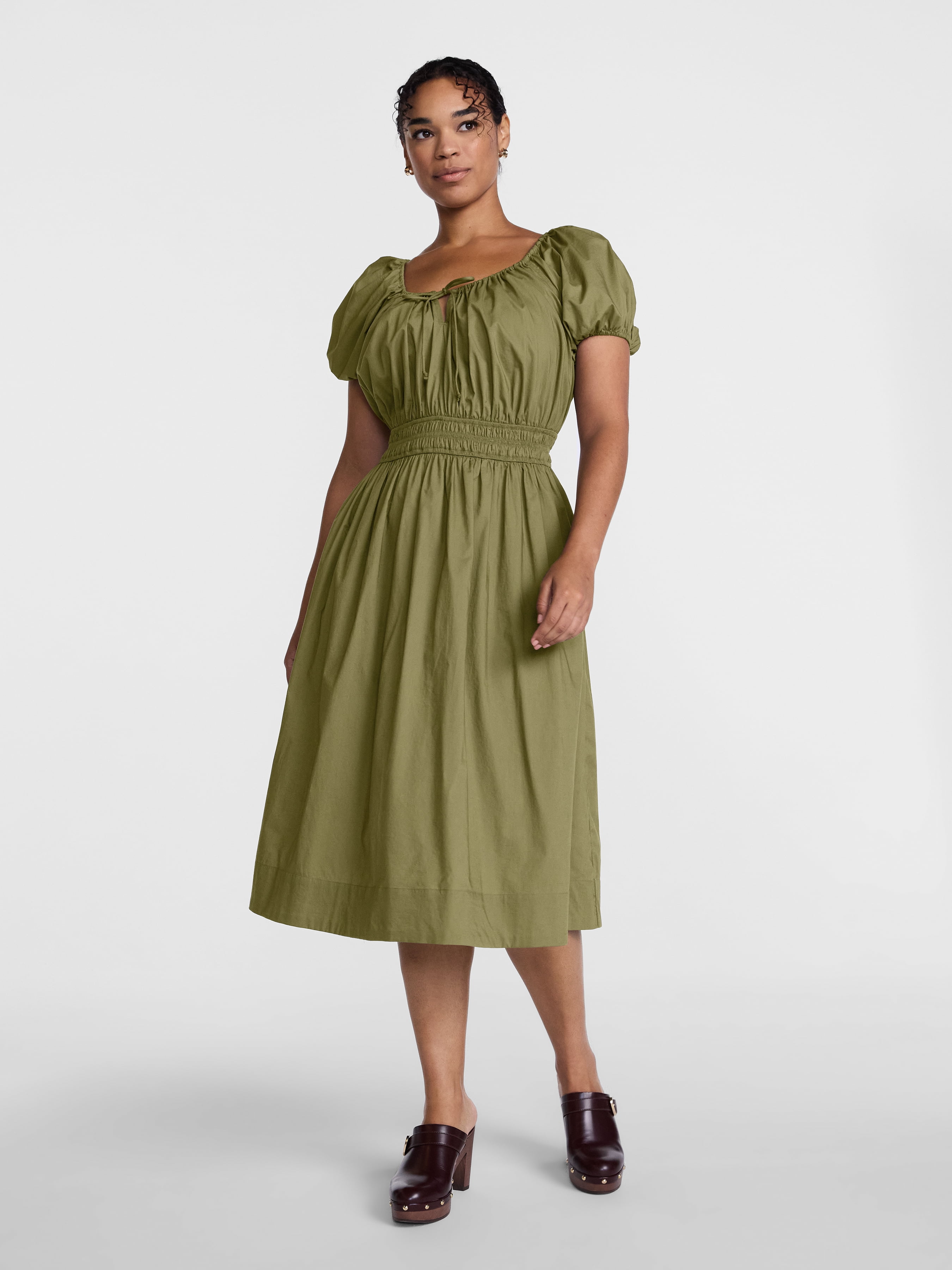 Scenario Women's and Women's Plus Smocked Waist Peasant Midi Dress with Puff Sleeves, Sizes XS-4X