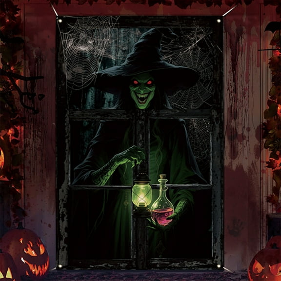 Mbvtdt Halloween Window Cover,Horror Witch Theme for Halloween Party,Window Silhouette Curtain,Scary Witch and Zombie Designs for Home & Outdoor Halloween Decor
