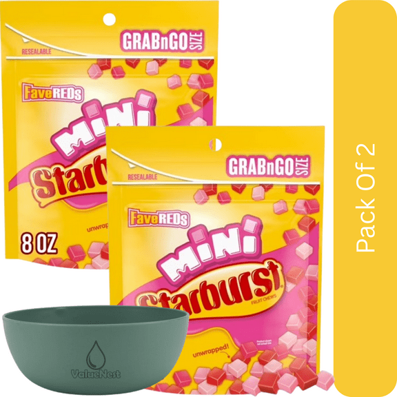 Starburst FaveREDS Minis Fruit Chewy Candy, Grab N Go, 8 oz Bag-2pk, With Olive Green Bowl By ValueNest