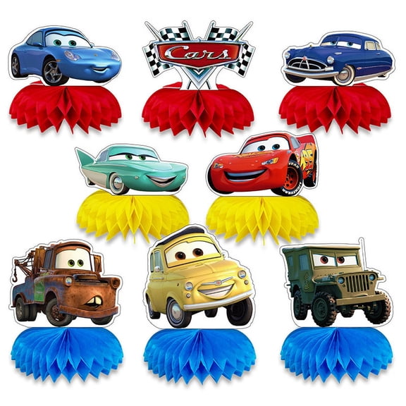 8pcs Cartoon Car Theme 3D Double Side Honeycomb Centerpieces Table Toppers,Cartoon Birthday Party Decorations Supplies for kids.
