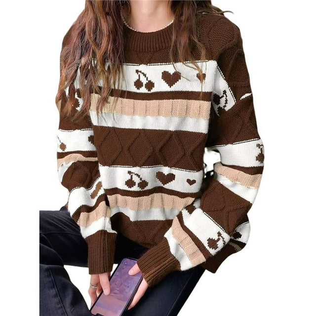 Suéter de Otoño para Mujer, Estilo Abuelo, Vintage, de Rayas, de Gran Tamaño, con Cuello Redondo, Larga, Hombros Caídos, Tejido de Punto Marrón S