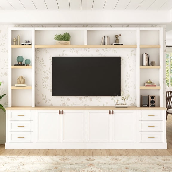102.3"W Farmhouse 4-Piece Entertainment Center Wall Unit with Bookshelves, Modern Large TV Stand with 6 Drawers for TVs Up to 75", Rustic Media Console with Adjustable Shelves for Living Room, White