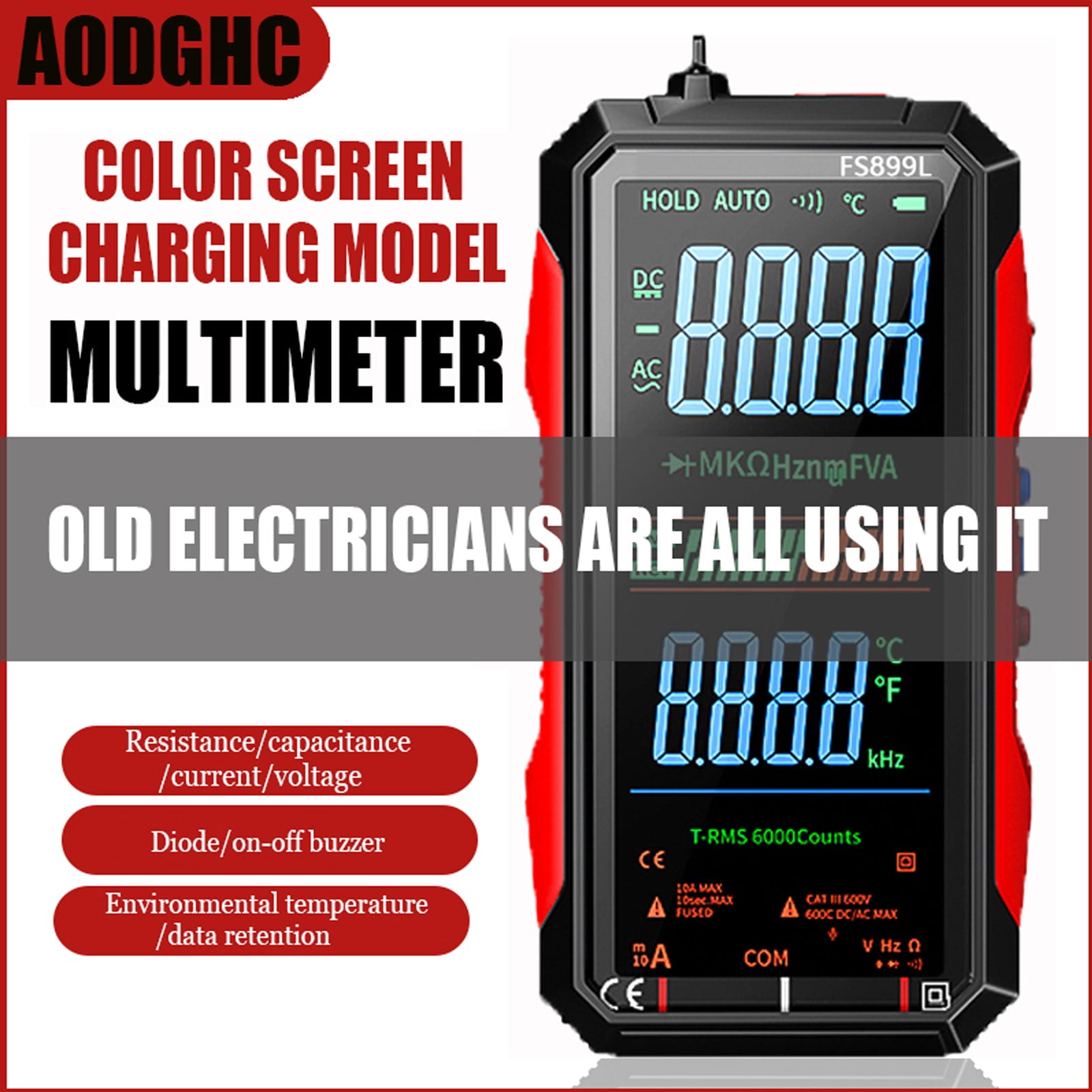 True RMS 6000-Count Digital Voltmeter,USB Rechargeable FS899L Multimeter,Large Color Screen & Backlight,Smart Automotive Electrical Non Contact Voltage Tester