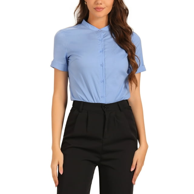 INSPIRAR CHIC Blusa de cuerpo con cuello alto y mangas cortas con botones para mujer XS Azul