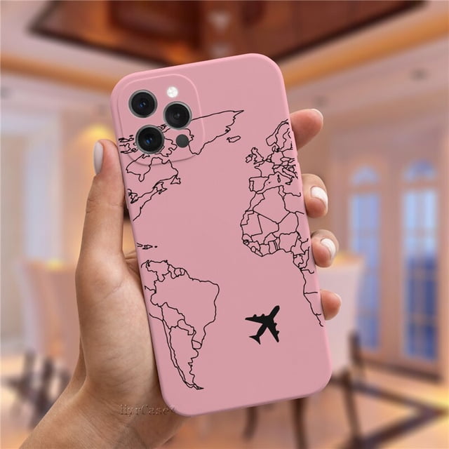 Funda de silicona de viaje con mapa del mundo de aviones populares de lujo para iPhone 11 12 13 14 Pro Max 13Mini 13ProMax Cute Candy Matte Soft Cover Deng Xun unisex