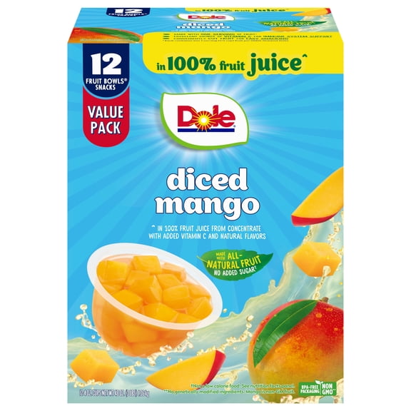Dole Fruit Bowls Diced Mango in 100% Juice, 4 oz Cups (12 Pack)