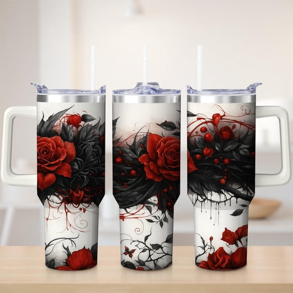Red Rose Floral Stainless Steel Insulated Mug with Lid and Handle, 30oz