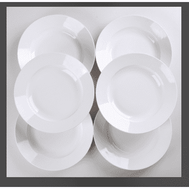 Set of 6 modern white dinner plates, 9.5 inches, perfect for salads and meals. Dishwasher, microwa