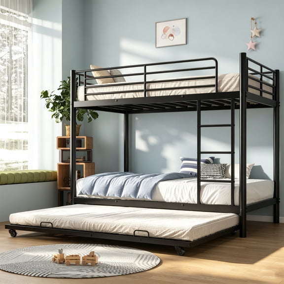 VLDTDRDI 1000LBS Triple Bunk Bed with 12.9" Higher Guardrail ,Twin over Twin with Trundle, Heavy Duty Metal Bunk Bed Frame with Ladder for Teens Adults, Black