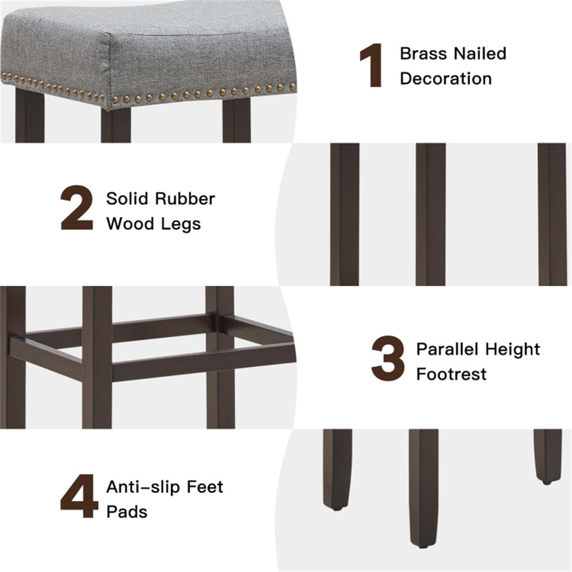 Demi Bonn Set of 2 Nailhead Saddle Bar Stools, 29" Heightdoor Modern Dining Chair, Gray