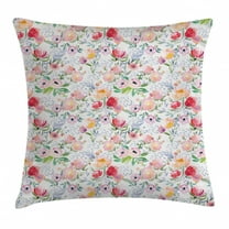Flower Throw Pillow Cushion Cover, Colorful Watercolor Effect Spring Flowers with Leaves English Country Design, Decorative Square Accent Pillow Case, 20 X 20 Inches, Pink Green Red, by Ambesonne