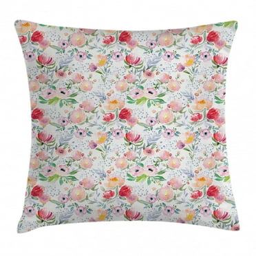 Flower Throw Pillow Cushion Cover, Colorful Watercolor Effect Spring Flowers with Leaves English Country Design, Decorative Square Accent Pillow Case, 20 X 20 Inches, Pink Green Red, by Ambesonne