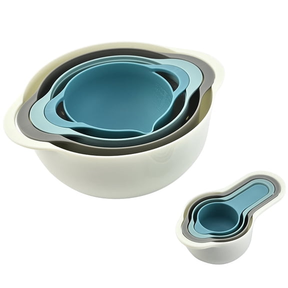 MiHerom Nesting Bowls Set Plastic Mixing Bowls with 2 Mixing Bowls, Colanders, 4 Measuring Cups, Sifter 8 Piece