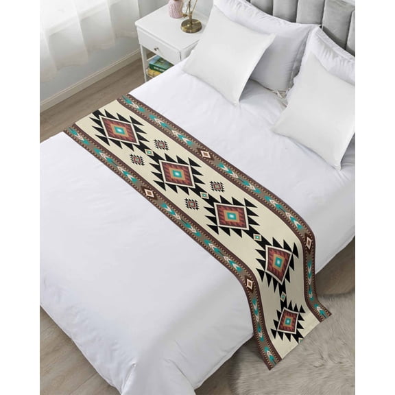 Bed Runner Scarf Twin Size, Southwest Geometric Stain Bed Runners & Scarves for Foot of Beds, Brown Mexican Aztec Boho Tribal Decorative Bedding Runner Scarf for Hotel Home Bedroom