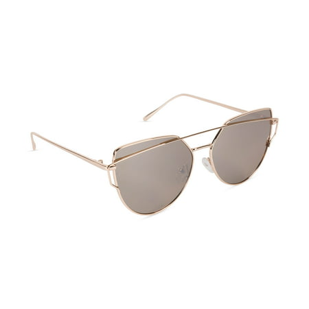 Inner Vision Cat Eye Aviator Metal Frame Cross Bar Sunglasses, Flat Polarized Lens for Women, 100% UV Protection With Case - Gold Frame, Mirror Titanium Lens