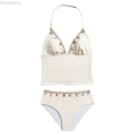 Zecgelong Girls Bikini Swimsuit Two Piece Triangle Top Neck With Beach Pool Party Wear Beige Size 13-14 Years