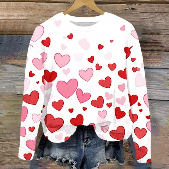 Cute Valentines Sweatshirts for Women, Heart Print Sweatshirts, Womens Long Sleeve Sweatshirts Casual Round Neck Pullover Tops Valentine's Day Long Sleeved Fashionable Printed Sweatshirt