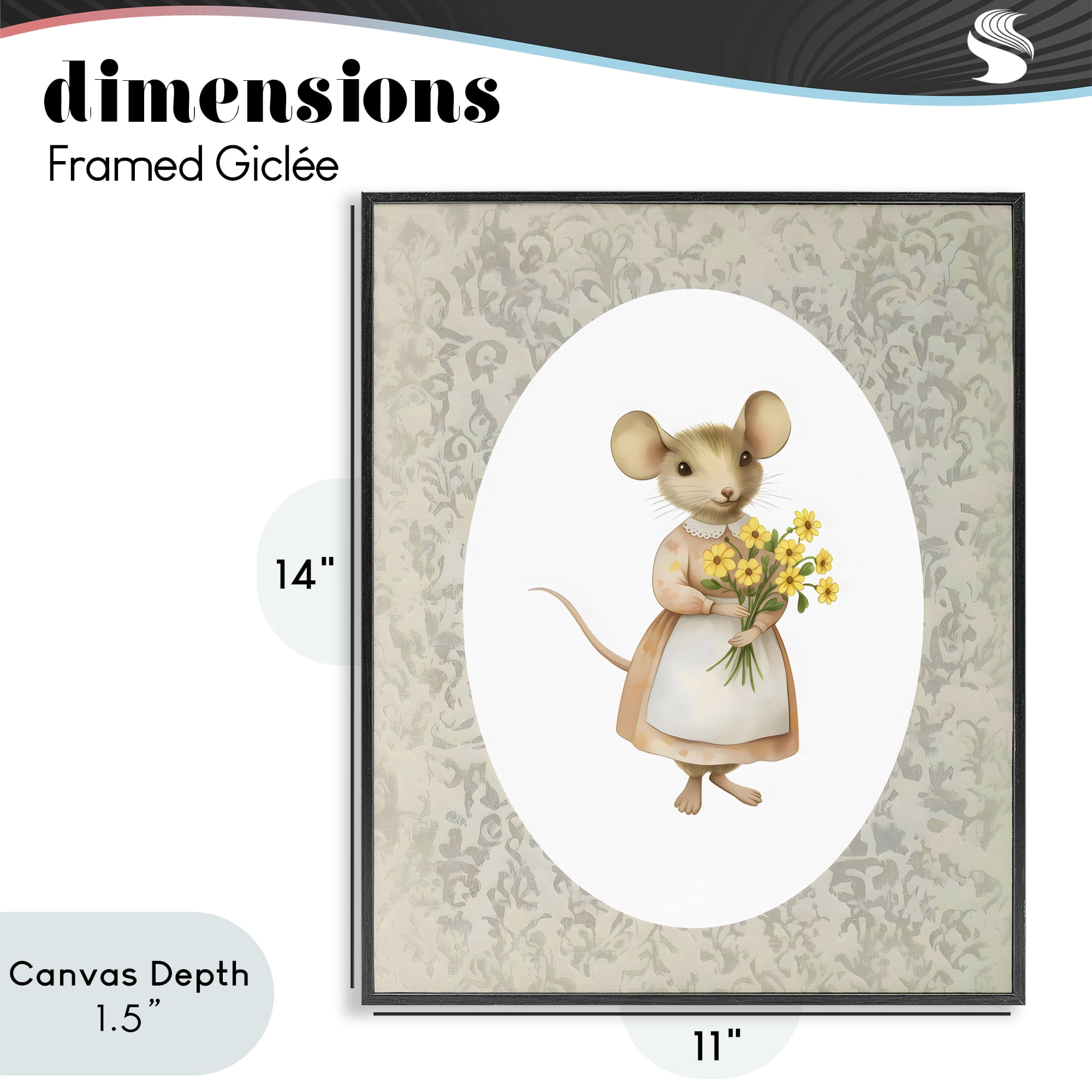 Stupell Industries Little Mouse with Flowers Black Framed Giclee Art, design by Arlington Prints