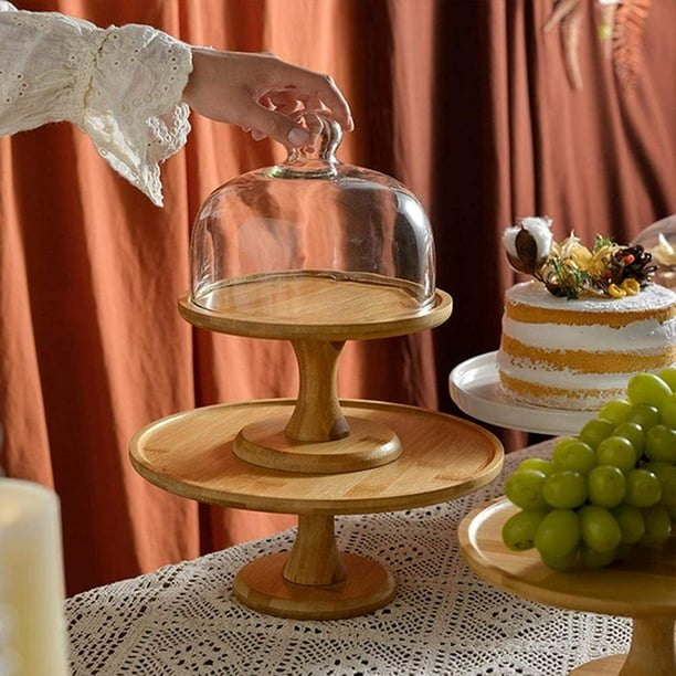 Cake Stand with Glass Dome Tall Cake Plate with Wooden Base and